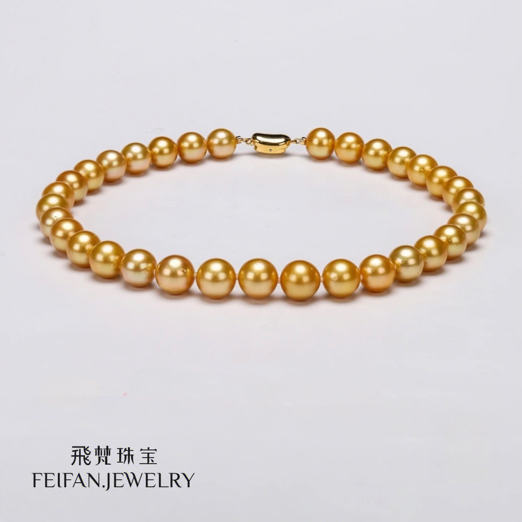 坠链均925银 【飛梵匠造】8-9mm正圆极光浓金微瑕全珠项链8022