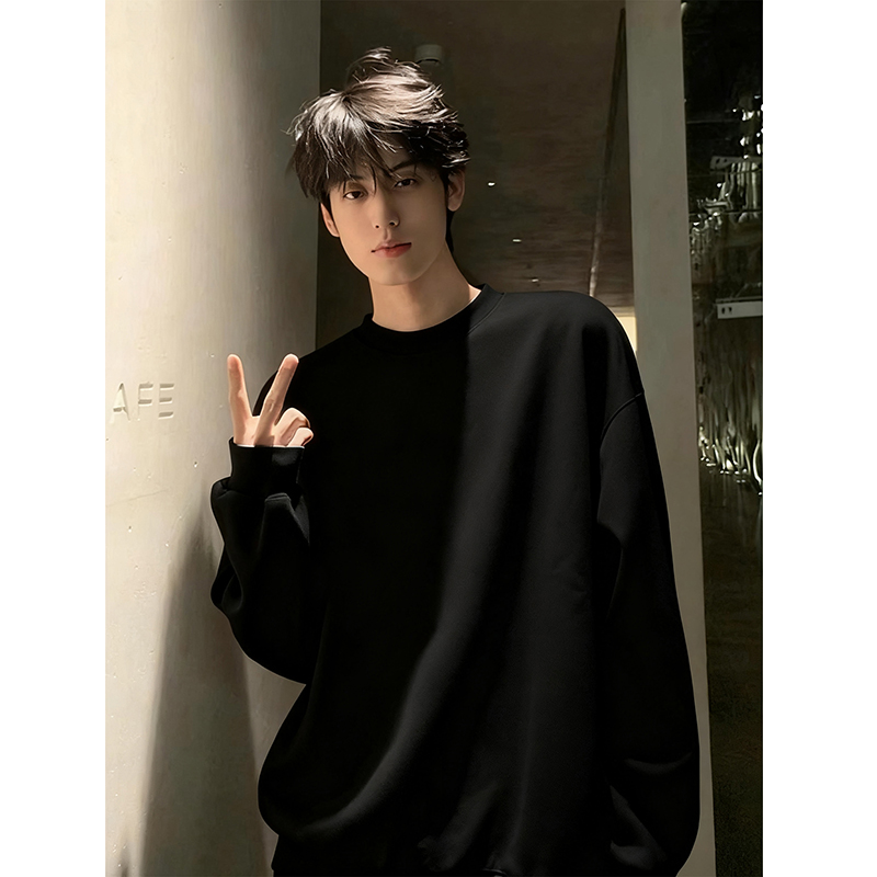 黑色美式卫衣男款秋季cleanfit小领口重磅长袖t恤美式内搭打底衫