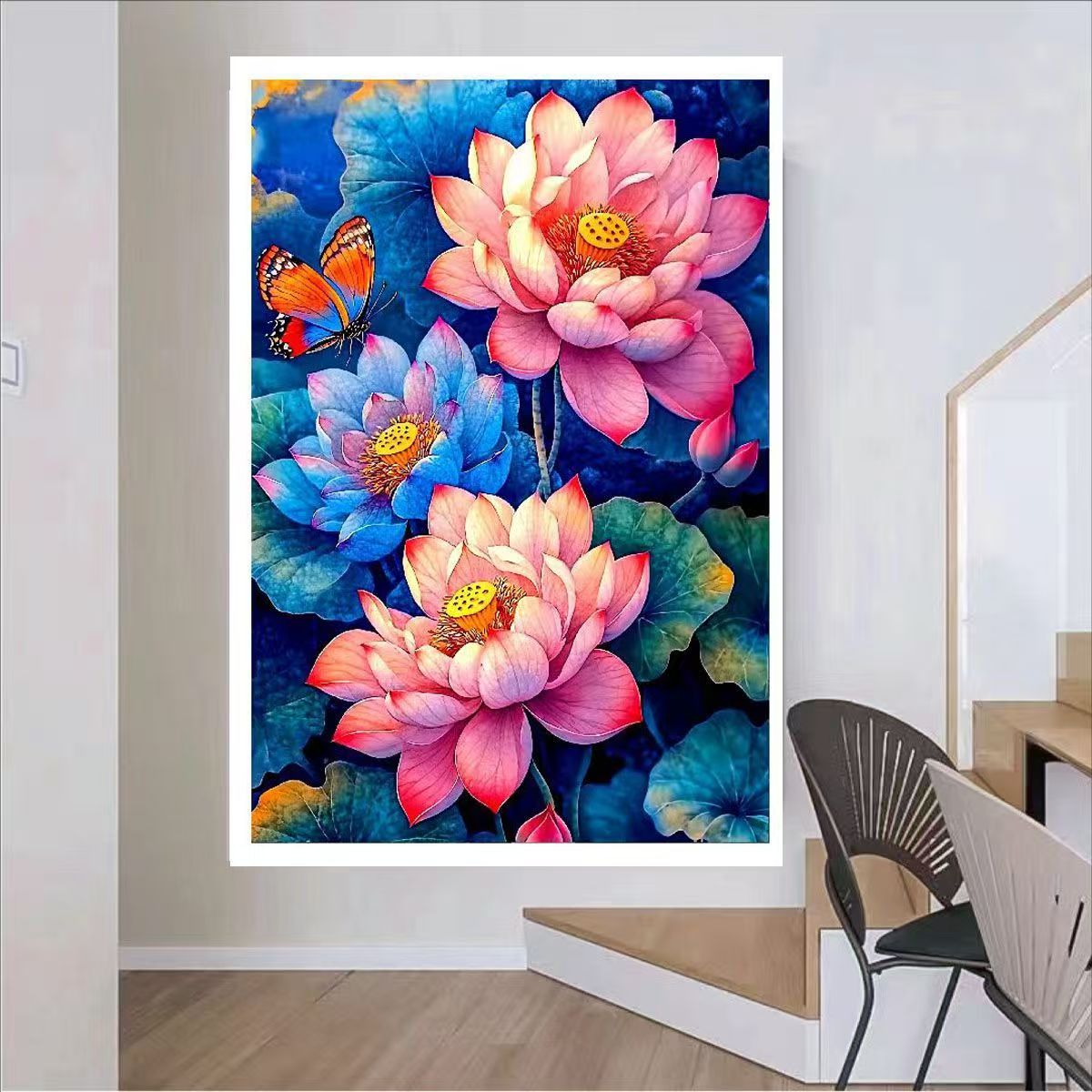 【彩珠绣】古绢布满绣全珠绣十字绣荷花花草卧室新款竖版串珠绣