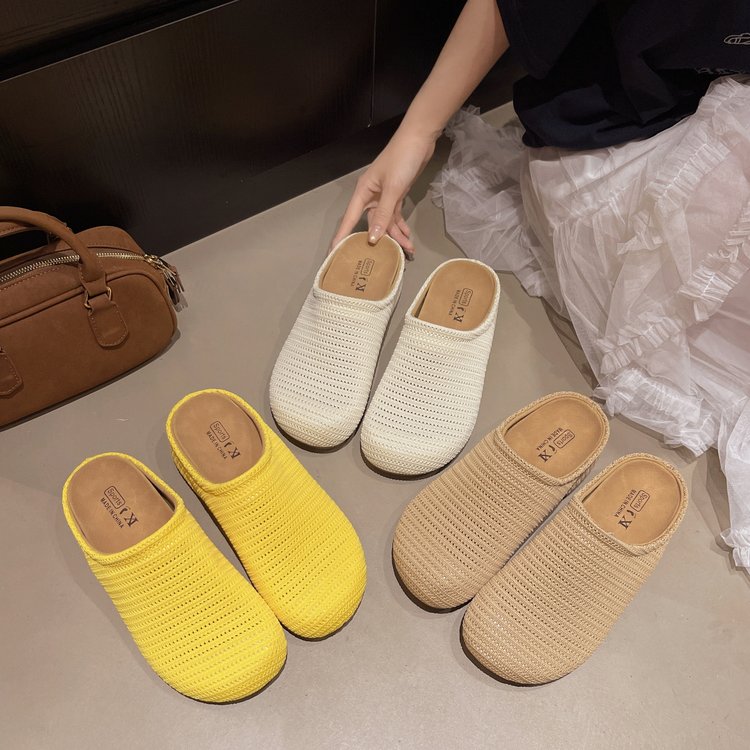 2025夏季新款包头拖松糕厚底包头拖鞋外穿飞织网面透气舒适