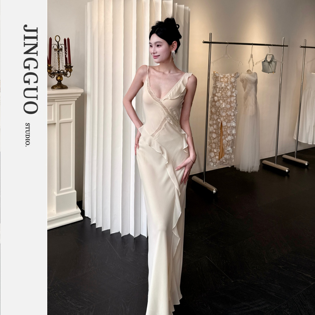 【JINGGUO轻奢】小众设计高级感法式蕾丝拼接荷叶边连衣裙7444