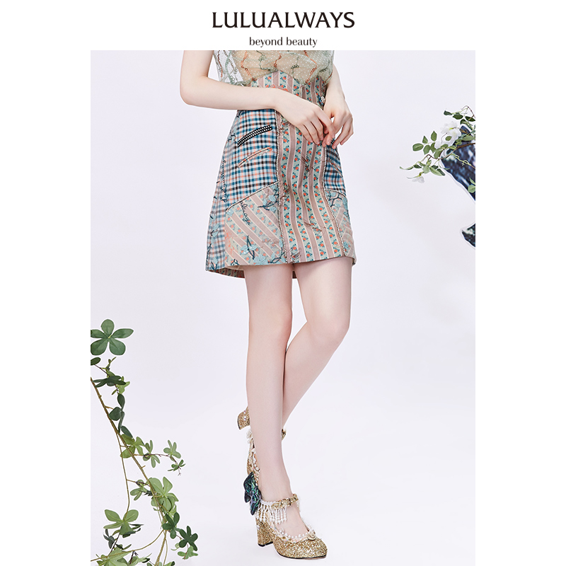 LULUALWAYS夏季腰封镶钻女装印花撞色A版半身裙LMB4070