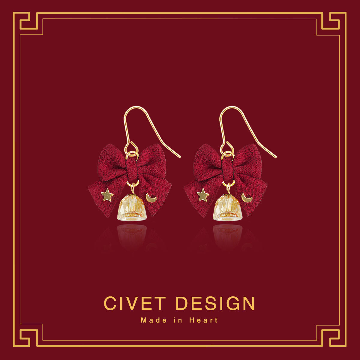 合金耳饰 原创复古蝴蝶结铃铛耳钩圣诞节耳环纯银可爱气质耳夹女商品图