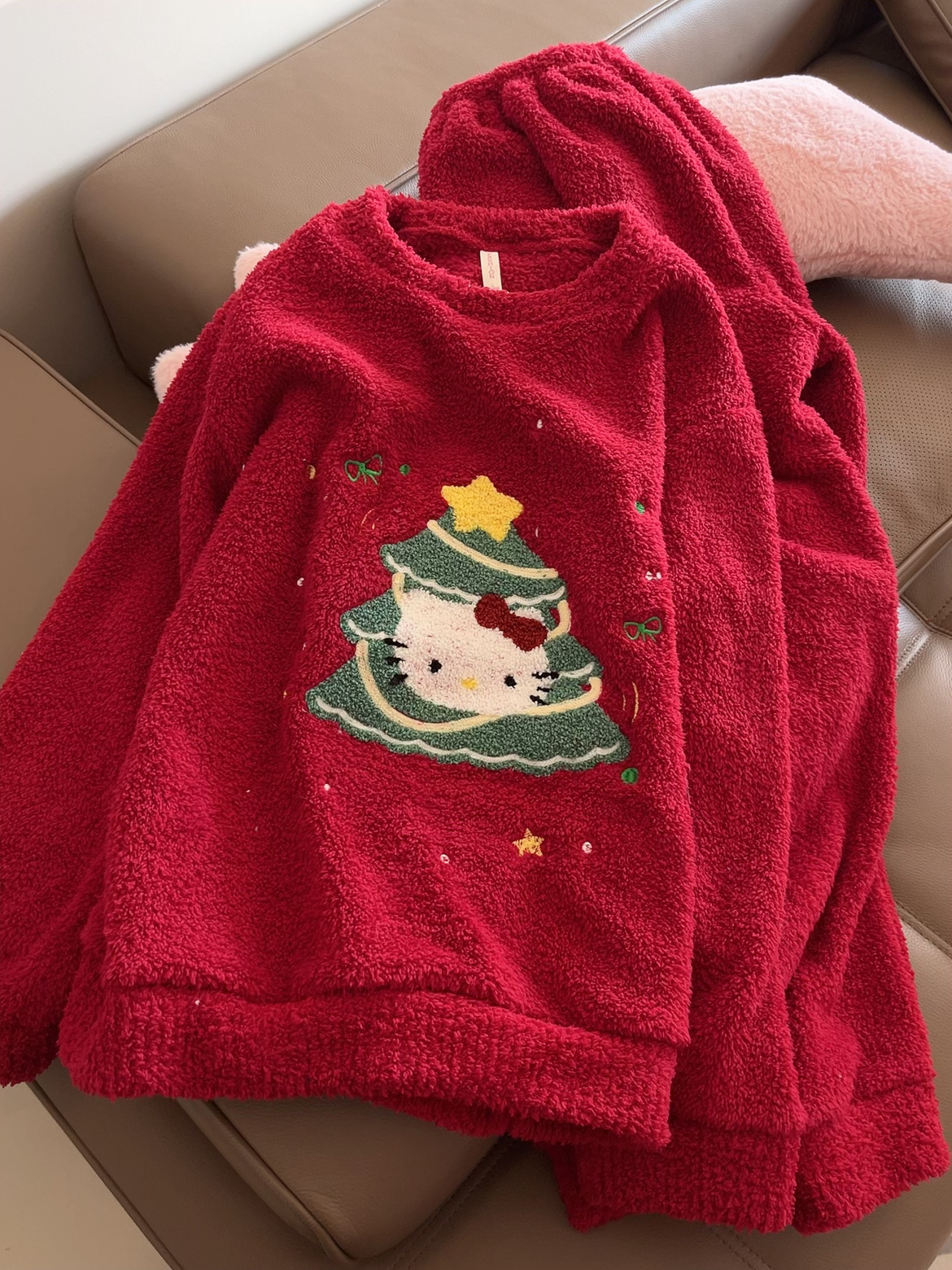 可爱kitty猫半边绒睡衣女秋冬季新款学生卡通加绒保暖休闲家居服