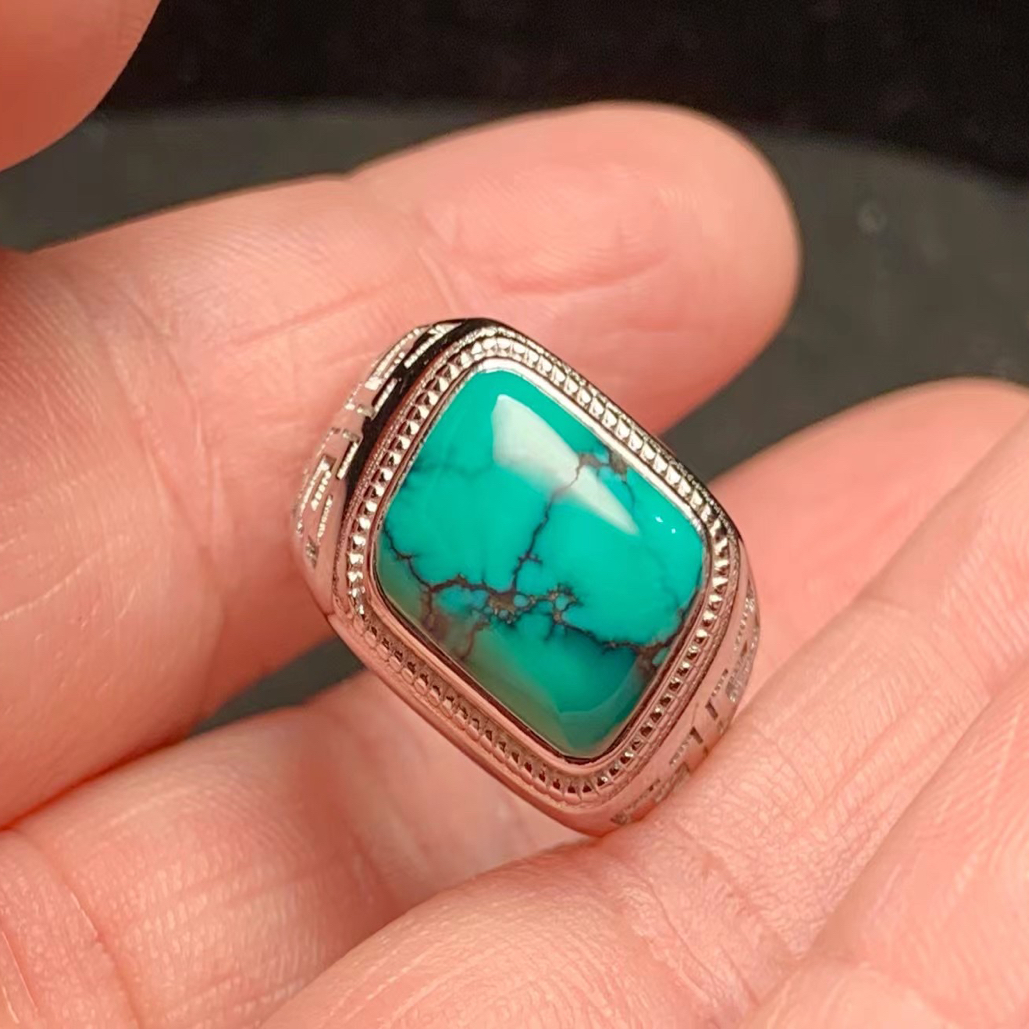 纯天然高瓷绿料绿松石水草纹面包方戒，瓷色好，无坑裂10*13mm