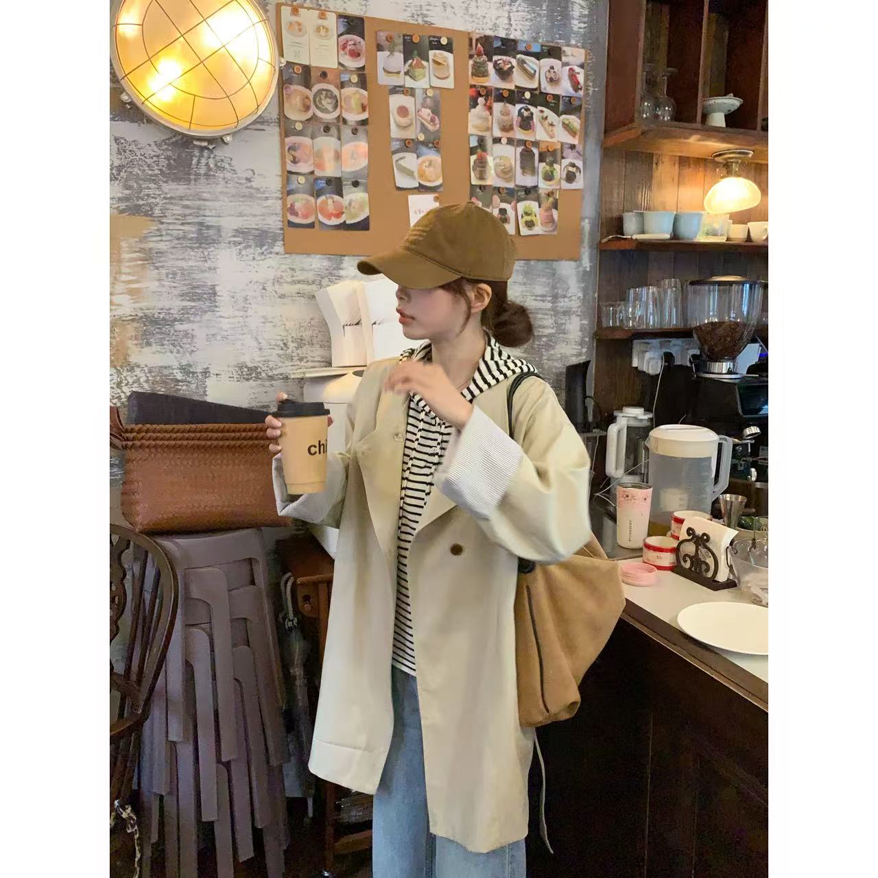 【C·Cai】韩版高级感撞色袖口风衣93325#宽松休闲立领工装外套上衣