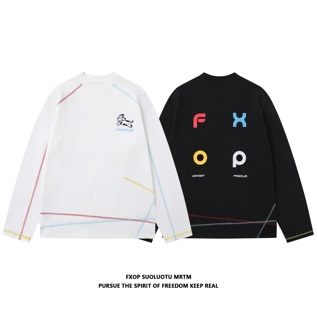 FXOP彩色不规则明线设计重工刺绣小狗长袖T恤男女纯棉上衣W186