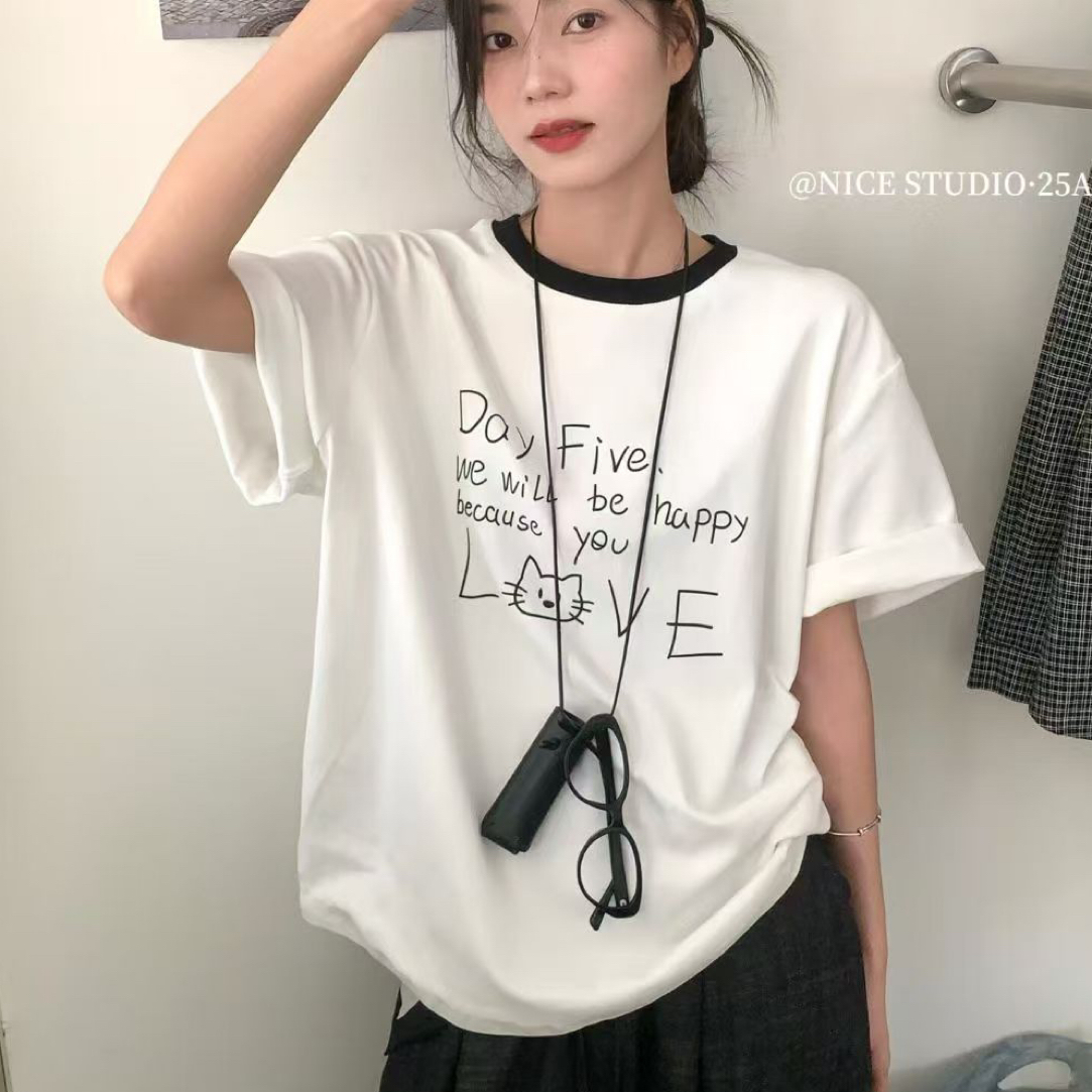 Meiky饼 美式休闲风 趣味猫咪字母印花短袖T恤 2色