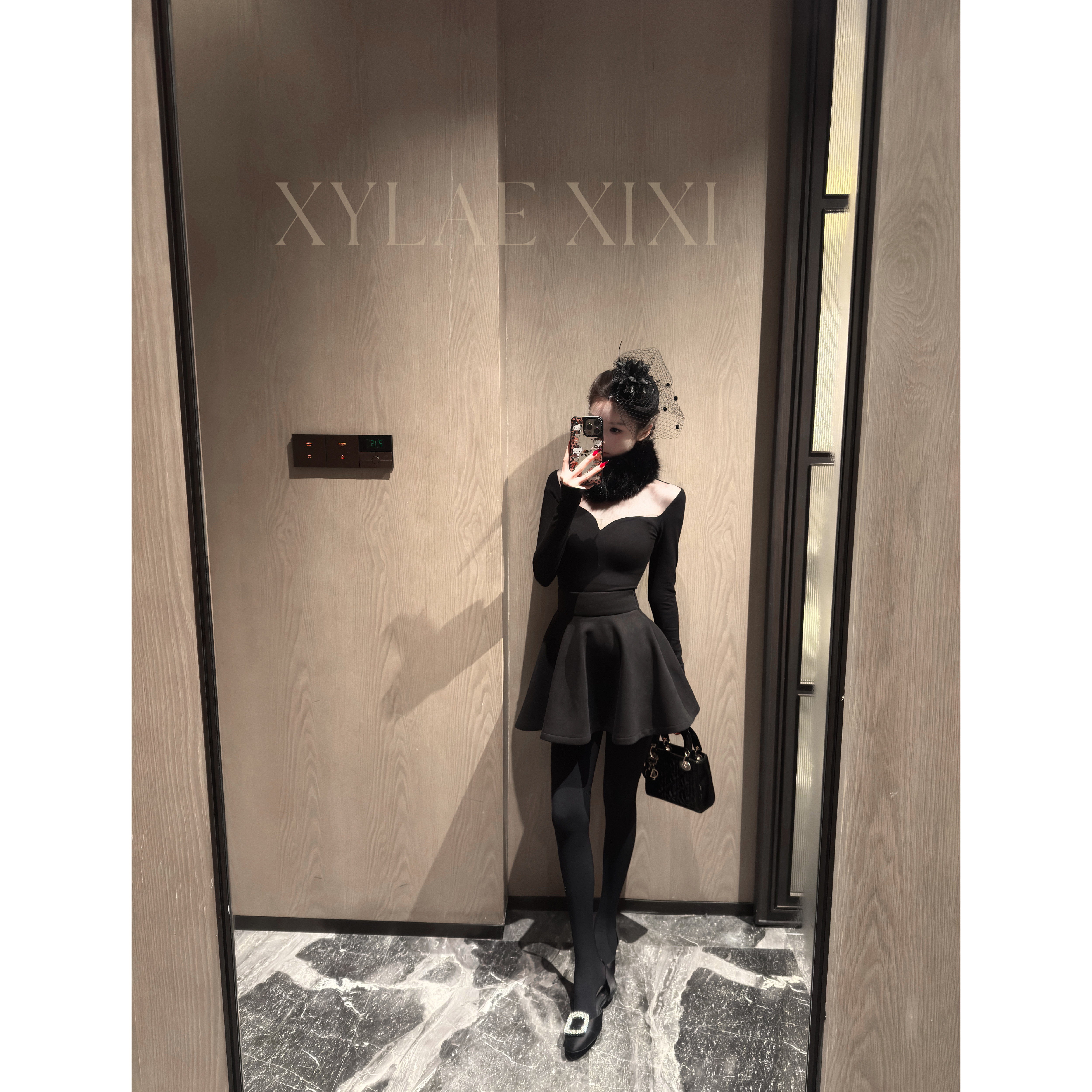 【茜茜定制】耀黑千金 薄绒高弹上衣＋气质高腰呢子半裙套装X000129