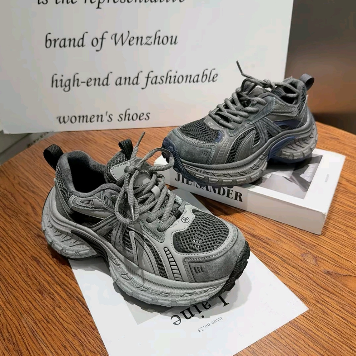 G.CW新款老爹鞋2025冬季韩版厚底休闲鞋拼色网面厚底加绒运动鞋