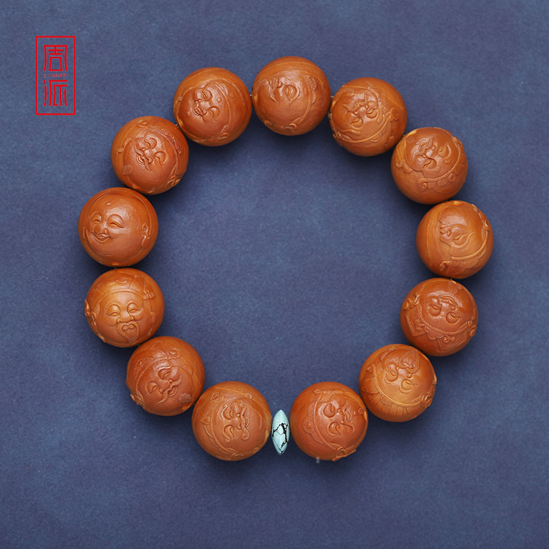 周派春毅核坊清水刀浮雕财神橄榄核手串正圆财源滚滚招财纯手工