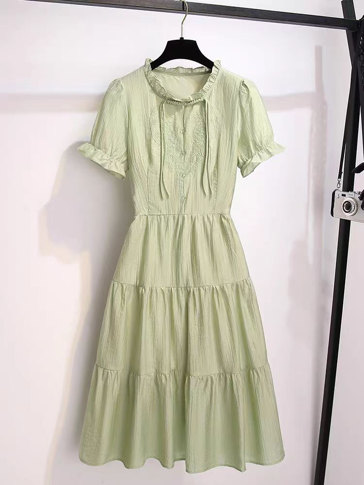 2821#绿色泡泡袖连衣裙女夏季新款新中式国风刺绣收腰长裙（约104）