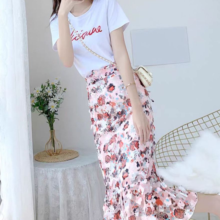 KIKI严选：9795-欧洲站南油夏季碎花鱼尾裙T恤两件套装