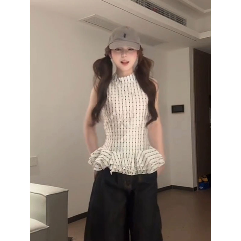 潮流网红时尚气质百搭高甜美波点无袖衬衫女夏季新款收腰小众气质