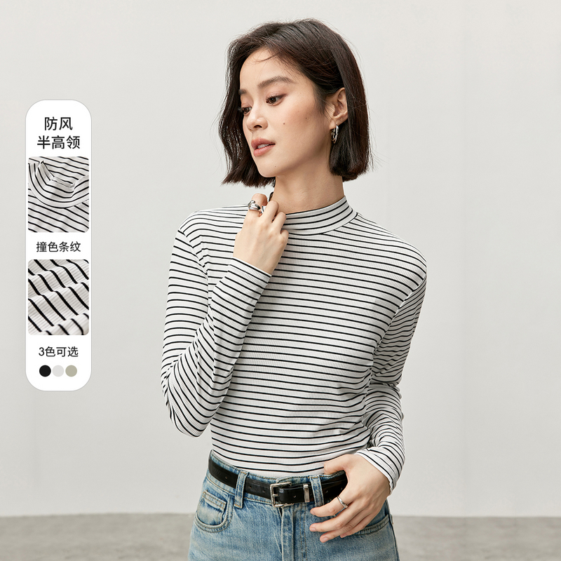 冬新款细条纹坑条T恤打底柔弹半高圆领T恤