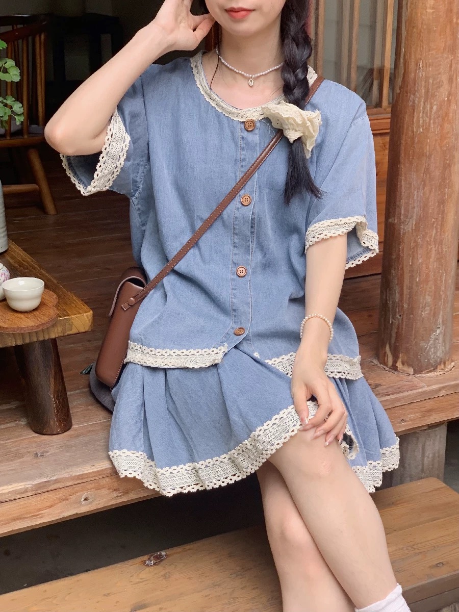 （9741-9760）甜美清新学院时尚套装时尚短袖裙子泡泡袖蓝色韩版