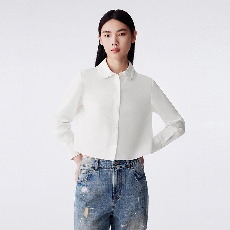 LANCY/朗姿2025冬新款简约纯棉花边领长袖白色衬衫女气质通勤上衣