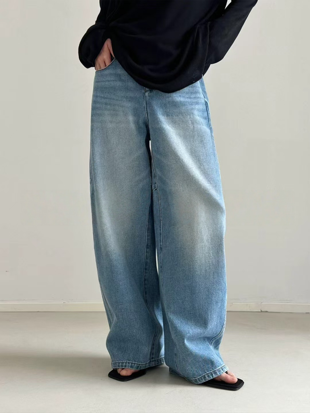 极简洗阔腿裤长裤高腰常规牛仔裤微弹辣妹风厚款