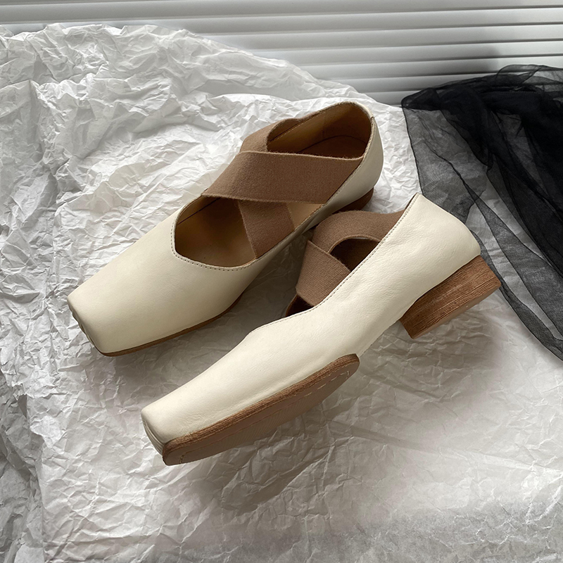 复古方头粗跟交叉绑带芭蕾舞鞋女浅口猪鼻子玛丽珍鞋