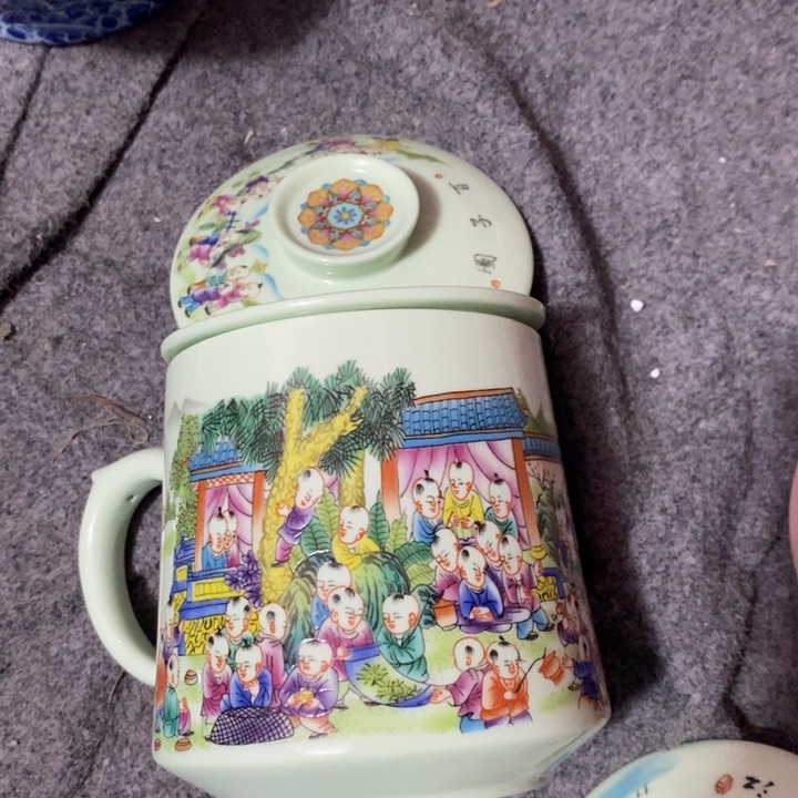 盖碗陶瓷绿稀土粉彩百子图办公杯