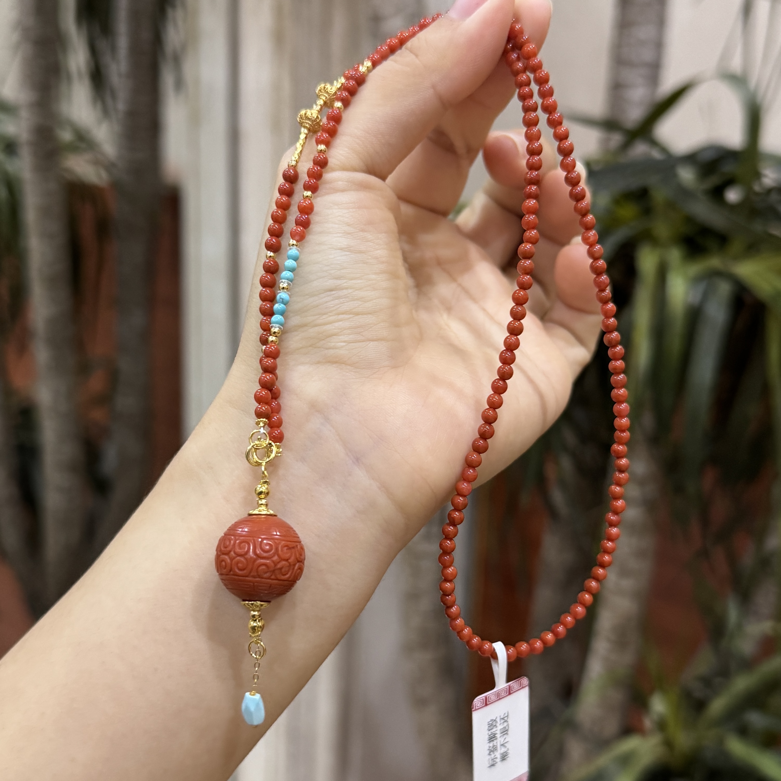 朱草·天然南红回纹珠925银项链