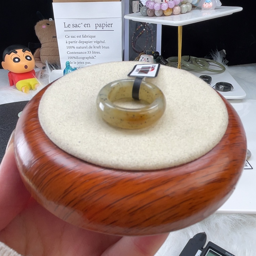 和田玉未镶嵌戒指U青花点墨17.8mm
