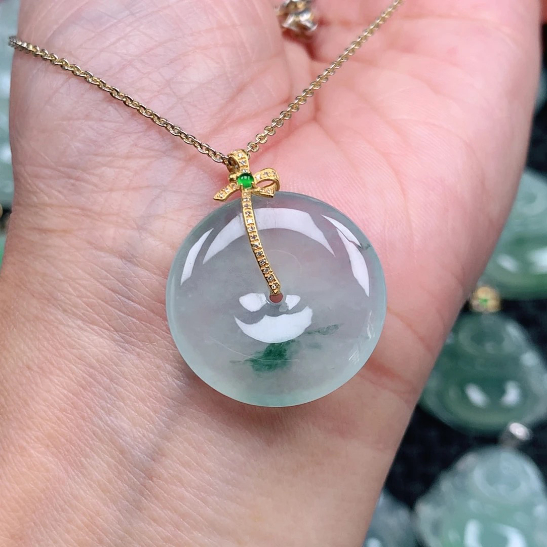 翡翠A货 18k金镶嵌冰飘花平安扣吊坠