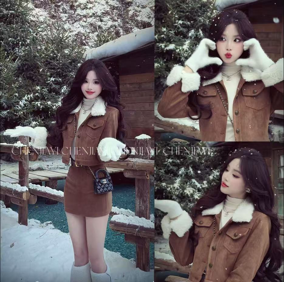 【蔡蔡家】复古冬季氛围感拼接两件套套装2862