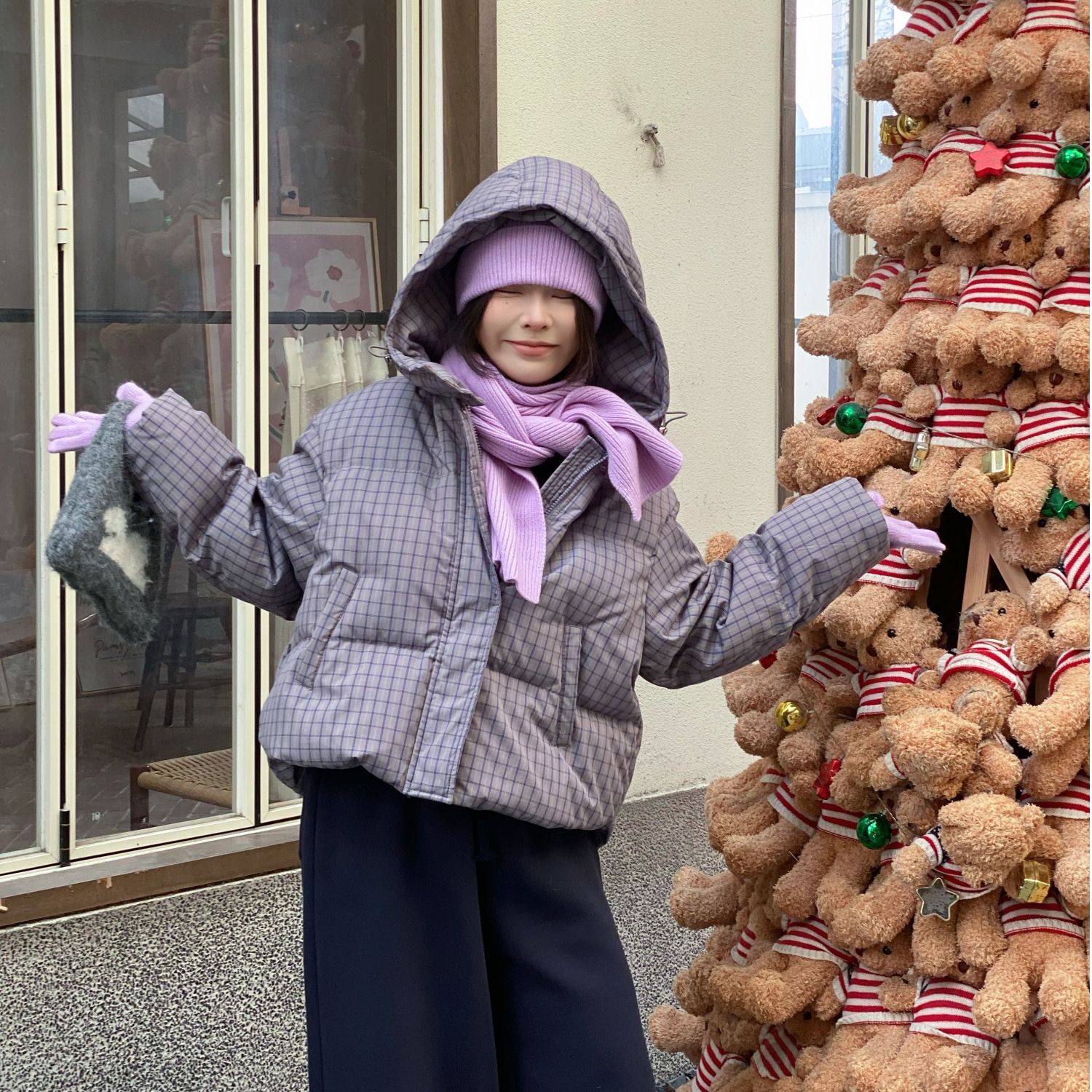 【蓝莓优格】经典格子立领连帽羽绒服