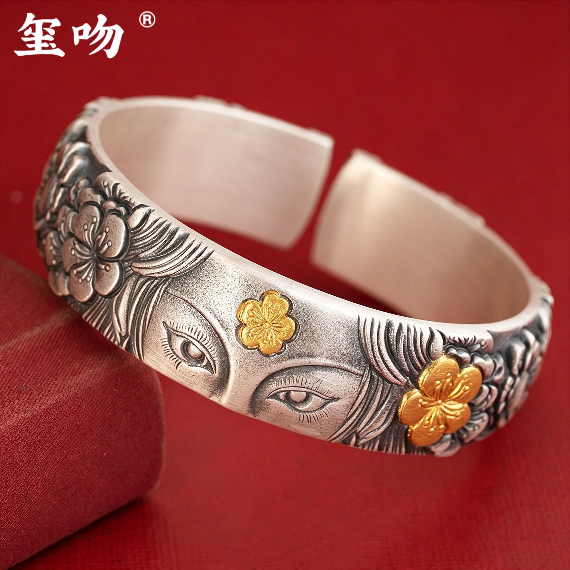 玺吻 足银手镯 桃花仙子 观世桃花纯手工錾刻足银999开口手镯