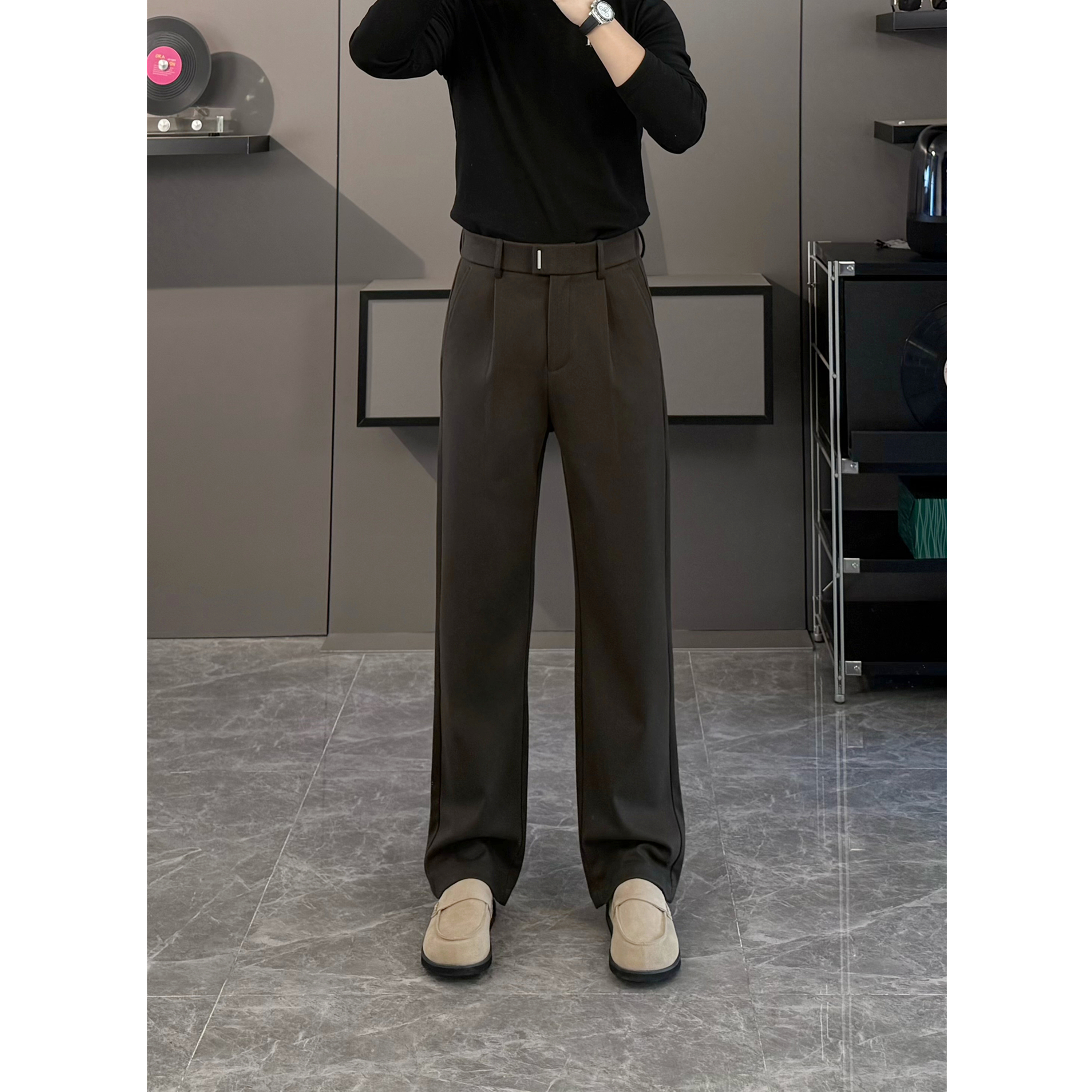 重磅毛呢秋冬保暖百搭休闲西裤男士西服裤合金竖扣设计直筒休闲裤