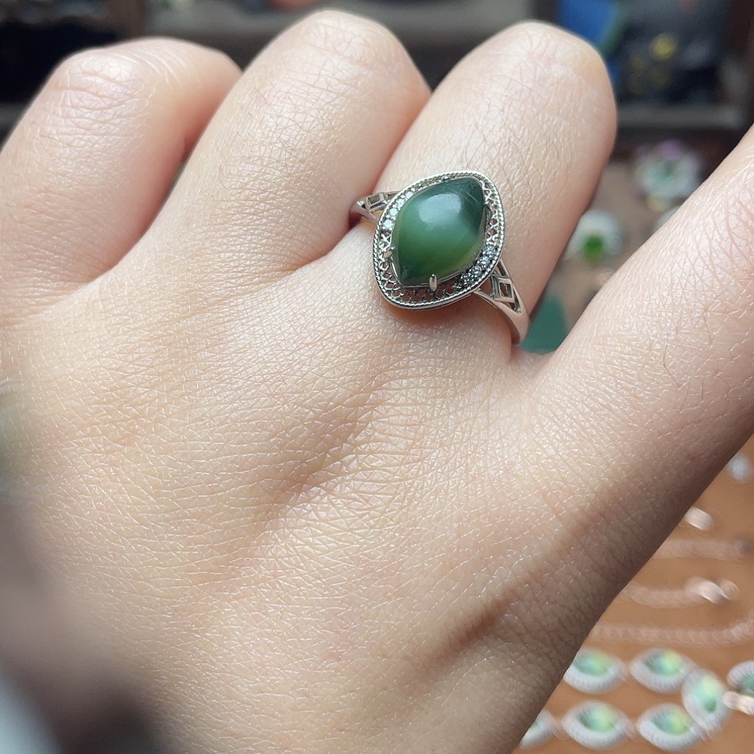 和田玉（碧玉）银S925镶嵌颈饰戒指