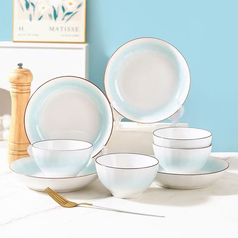 陶园春渐变蓝10件套家用乔迁送礼伴手礼陶瓷釉下彩餐具