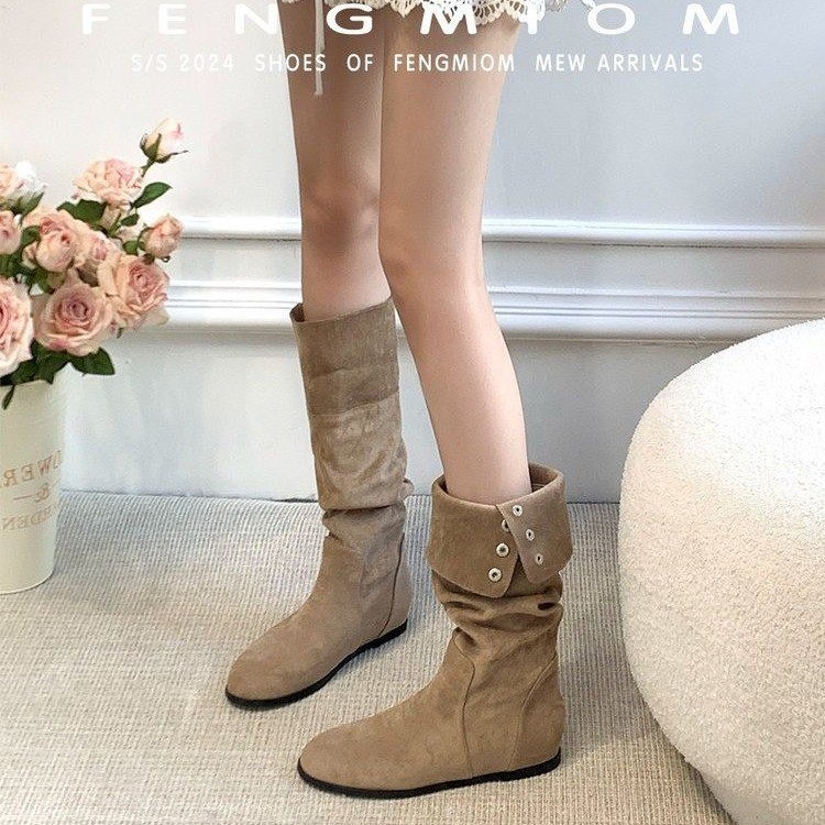 内增高中筒靴女2025新款欧美时尚气质女靴翻折两穿西部靴堆堆靴潮