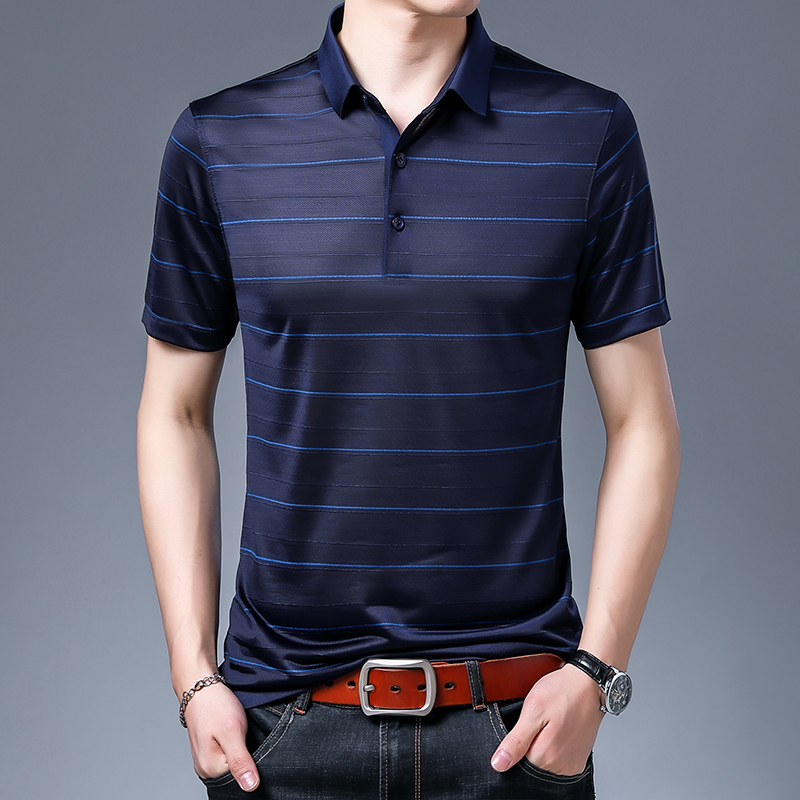 新款桑蚕丝T恤polo杉中老年上装高档男士透气爸爸薄款夏装夏季潮