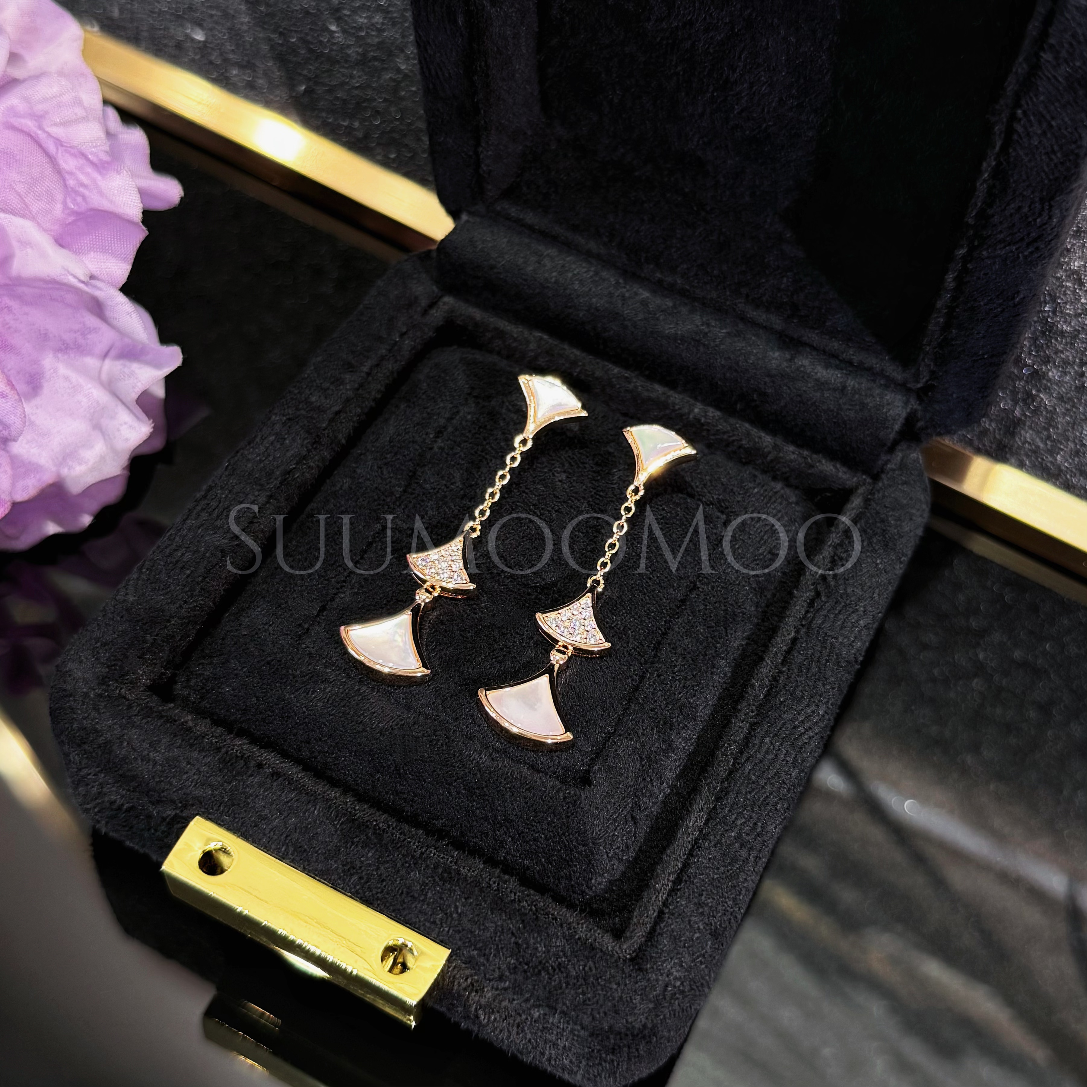 铜合金贝壳耳饰 法式时尚白贝满钻裙子流苏长款耳环 瘦脸神器