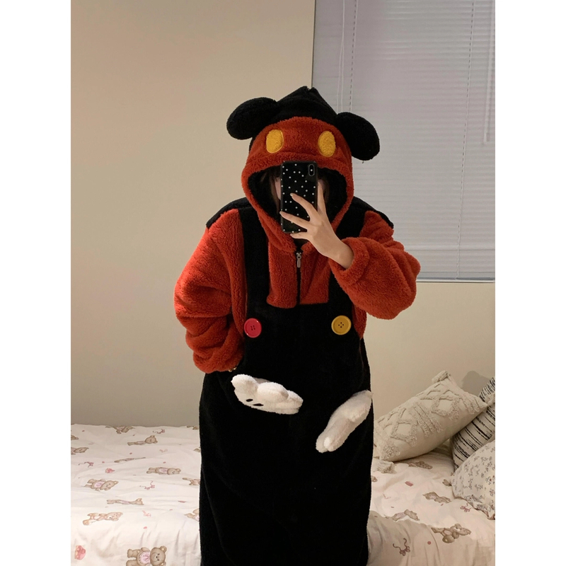 【可爱米奇】卡通连帽珊瑚绒连体睡衣女款冬季保暖宽松一体式家居服