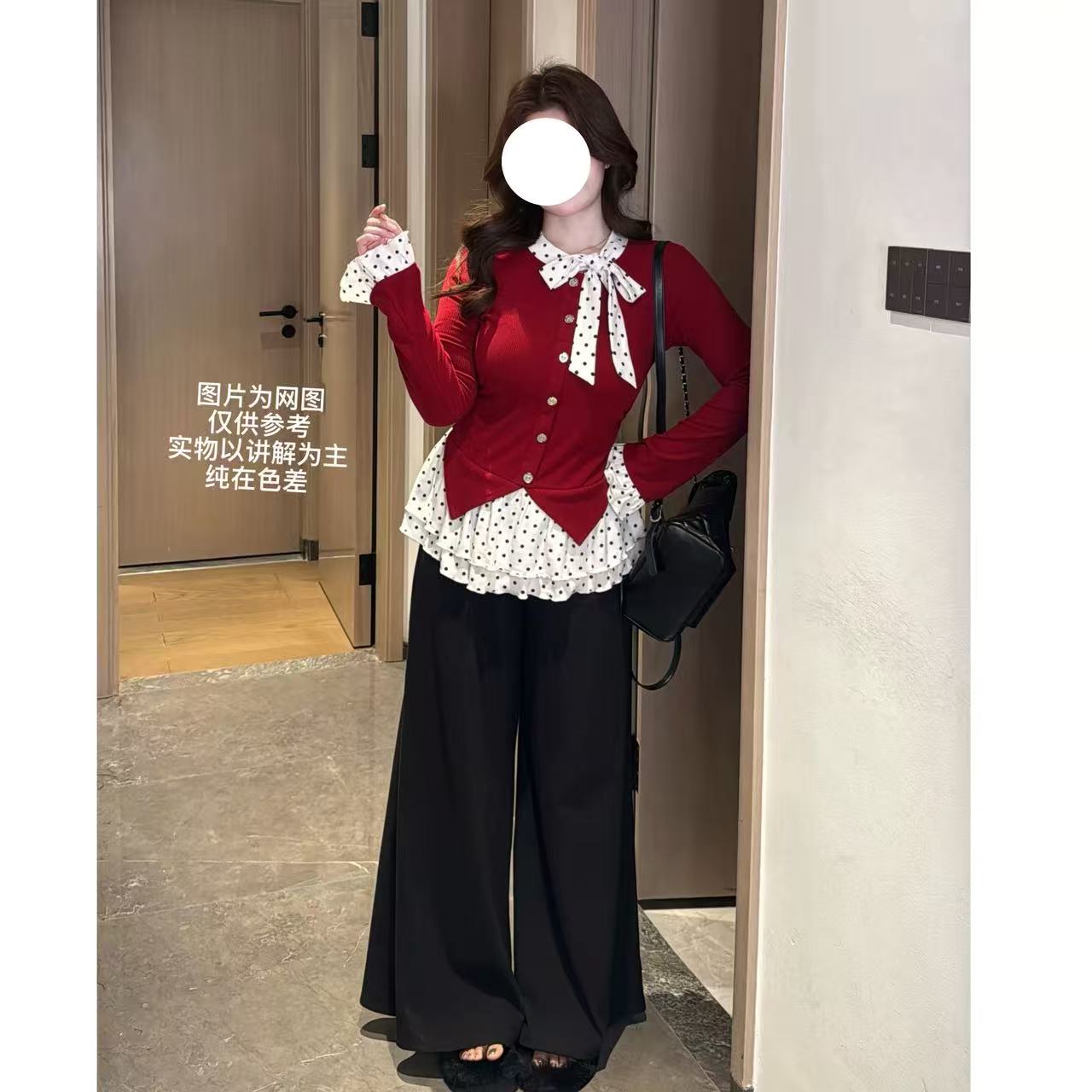2025冬季新款大码女装韩系松弛感蝴蝶结假两件上衣