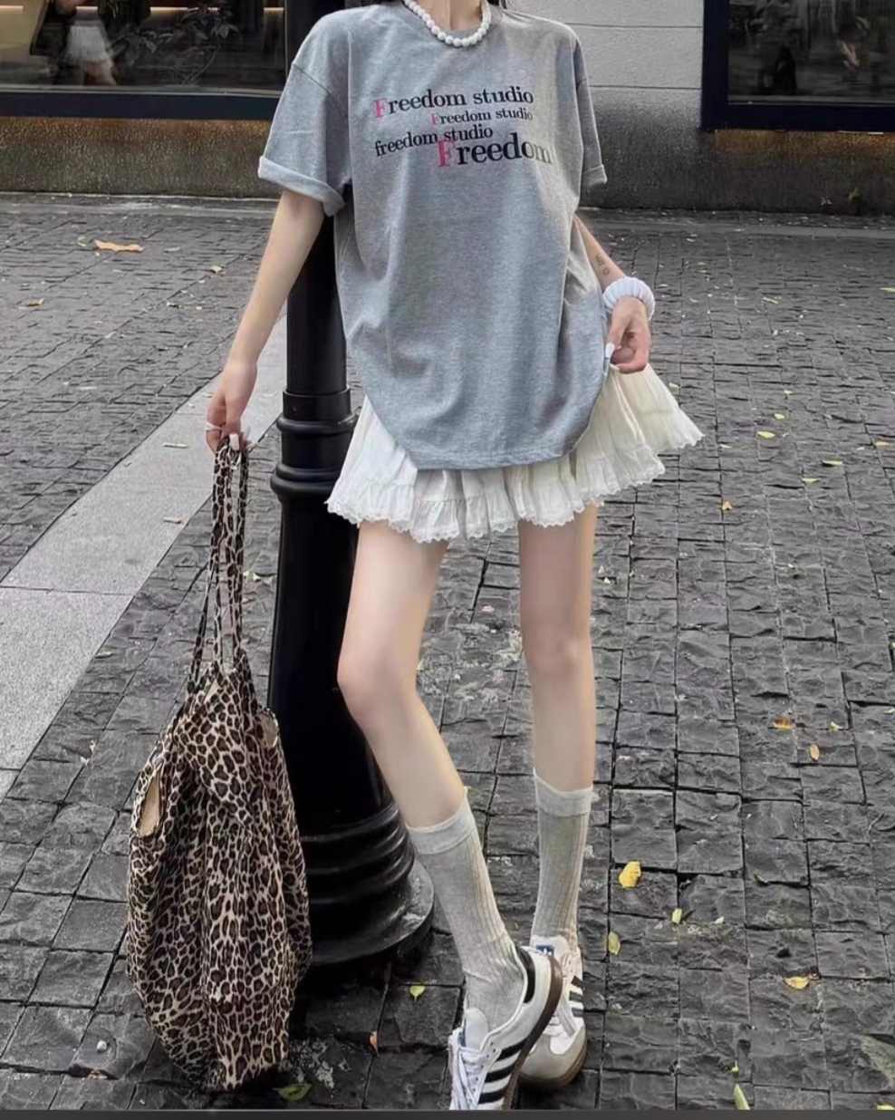 印花短袖常规袖甜美风字母T恤日系韩版tenniscore