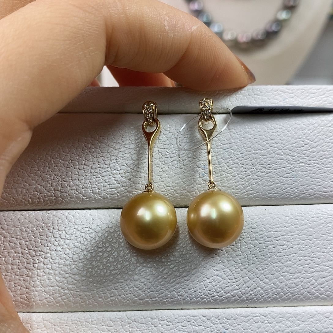 海水珍珠18K金镶嵌耳饰11.8m南洋浓金珠耳环（茶金品质）