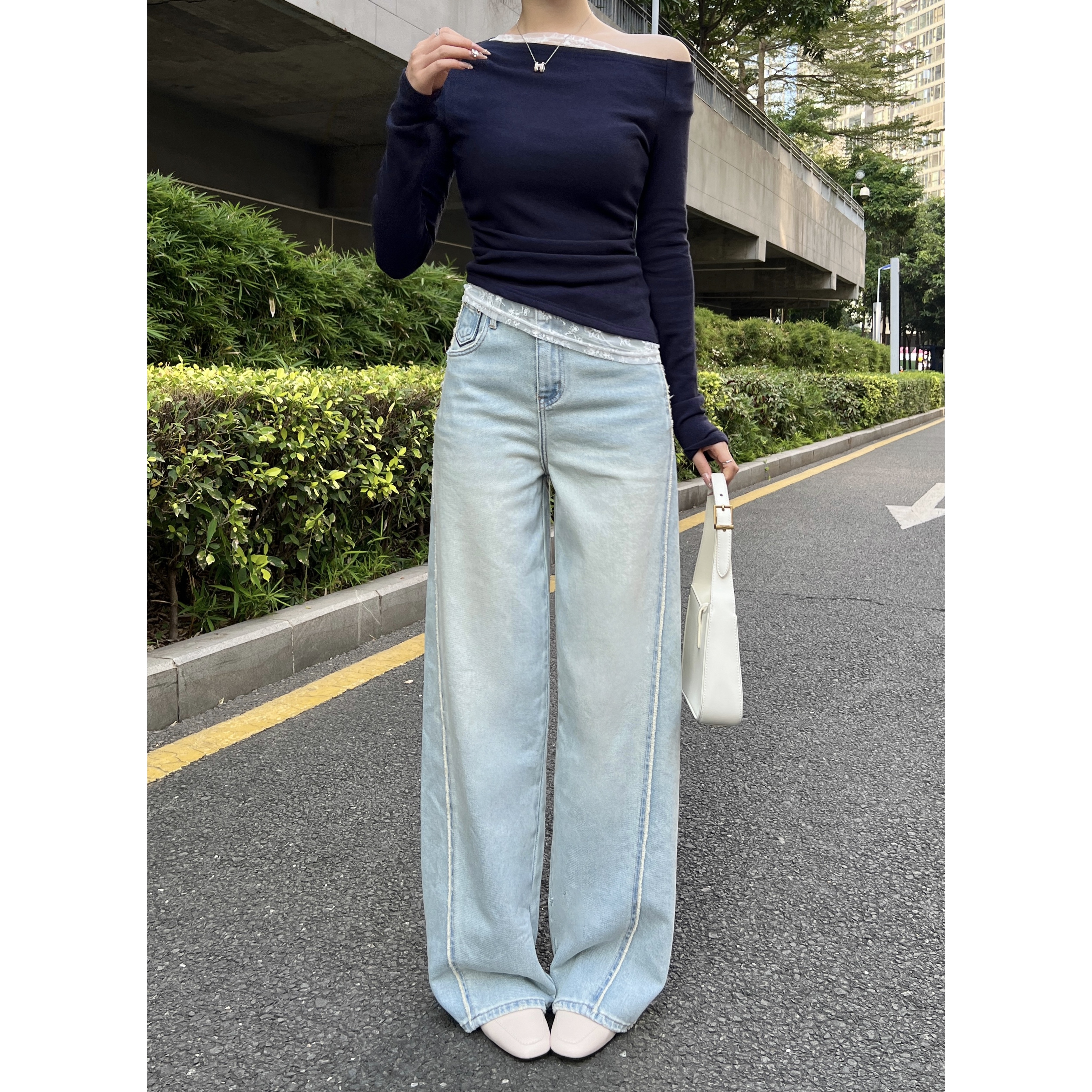 KIKI严选：35119-1-YER家欧洲站南油夏季藏蓝绣线口袋拖地牛仔裤