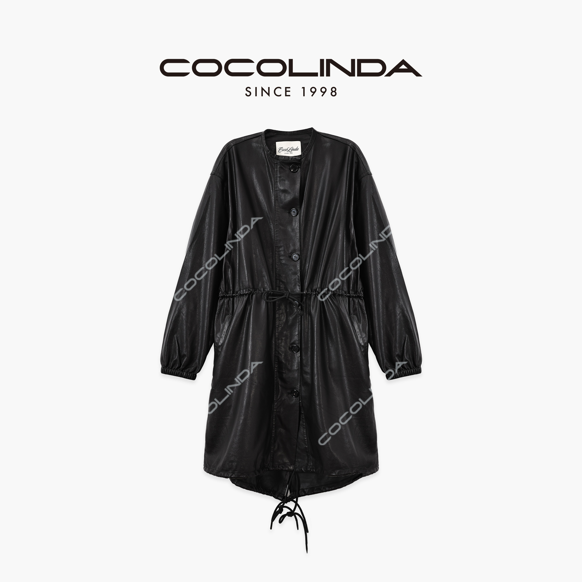 COCOLINDA【100%全植绒绵羊皮】欧美慵懒系带中长款圆领皮风衣F5260