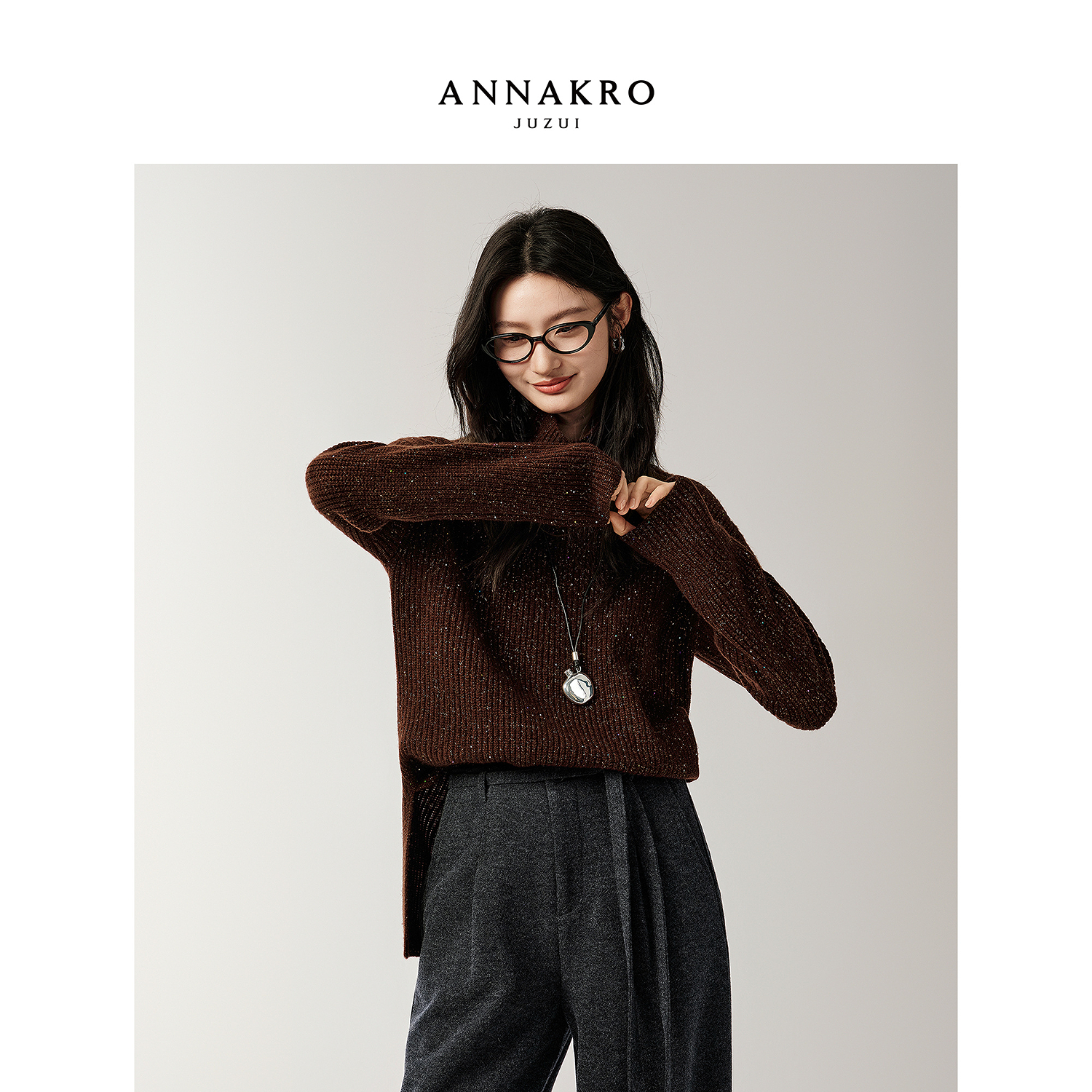 【小余专属】玖姿·安娜蔻KWFD31054元宝针高领针织衫女2025冬新款