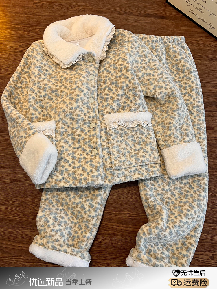 甜美清新小碎花睡衣女冬季新款毛绒包边加厚保暖家居服套装可外穿