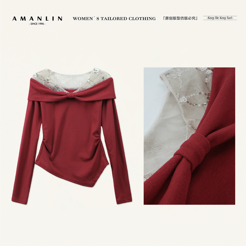 AMANLIN/阿谩琳琥珀流光法式一字肩修身打底冬季拼接t恤D603395
