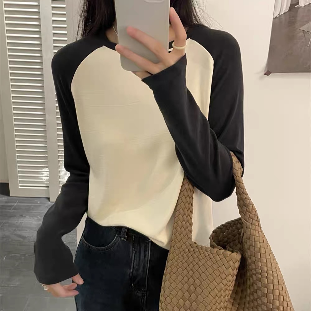 【进口德绒】软糯Q弹拼色长袖插肩袖 秋冬新款百搭宽松显瘦长袖T恤