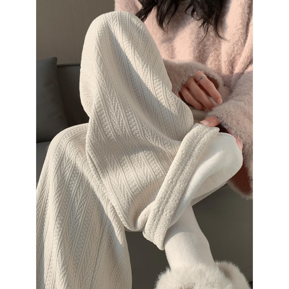 白色丝绒阔腿裤女士，秋冬加厚保暖棉裤外穿，褶皱休闲直筒裤冬季