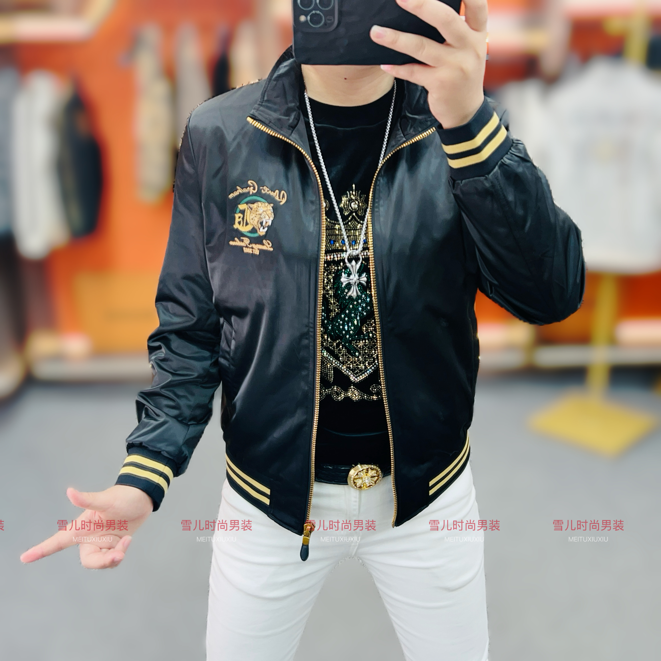 欧洲站男士秋冬季新款长袖刺绣夹克修身上衣时尚字母韩式外套