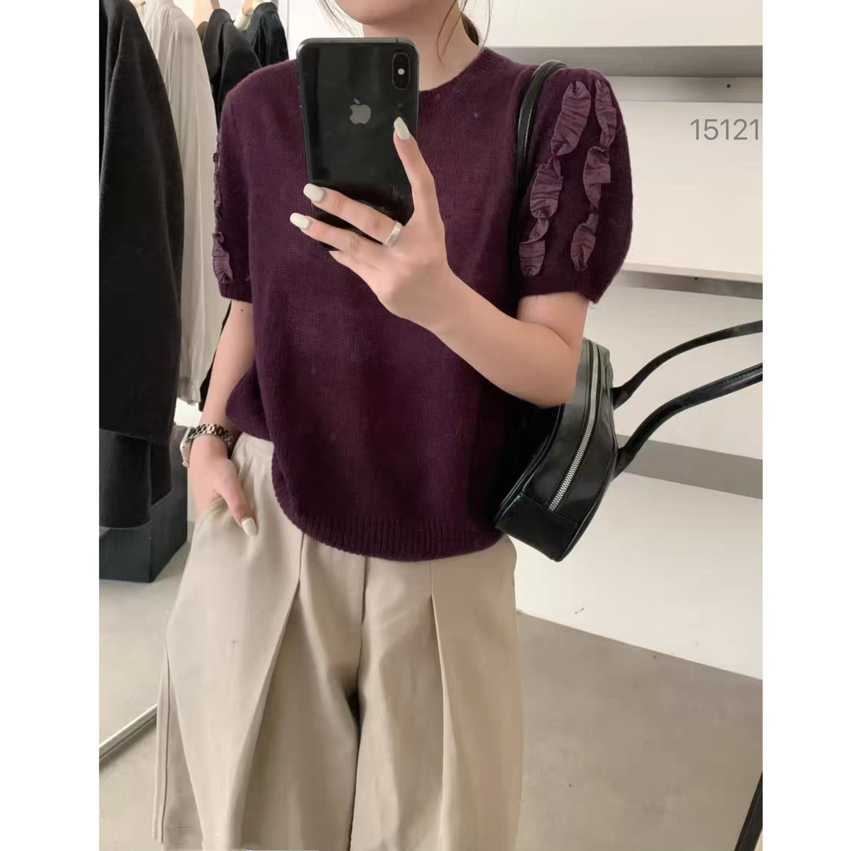 15121 WANGDAN（部分无水洗唛，介意慎拍)新款圆领拼接蕾丝针织短袖