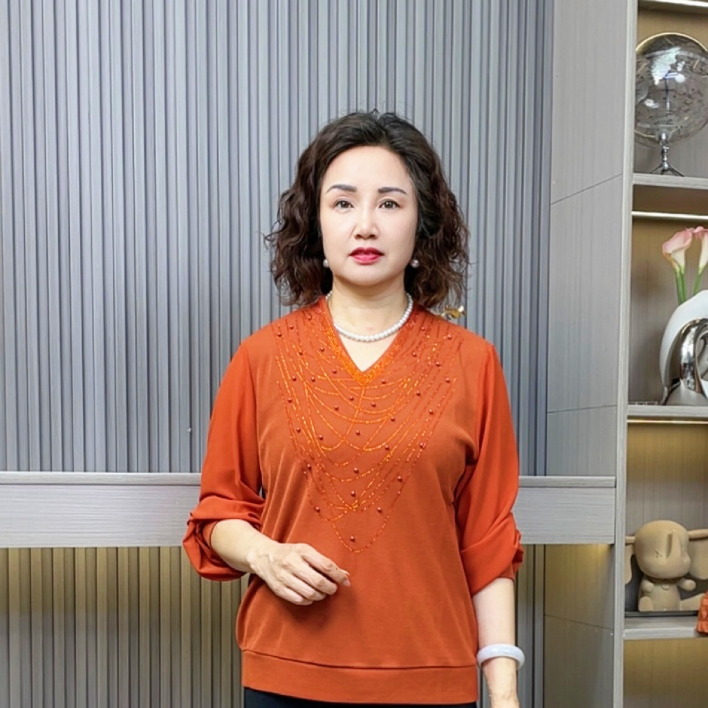 中老年女装钉珠长袖纯色中老年民族风小衫V领时尚妈妈装上衣